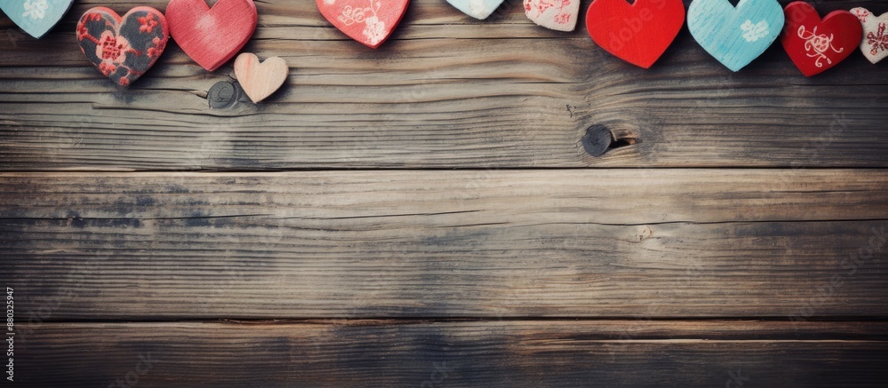 Poster an appealing background featuring various hearts on a weathered wooden surface, ideal for a copy spa