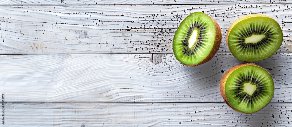 Poster Two kiwifruit halves displayed on a white wooden background with space for additional content in the image.