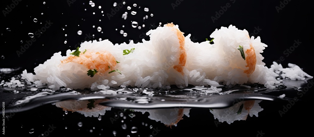 Aufkleber close-up image of white sushi with rice flying over a black background, featuring copy space for tex