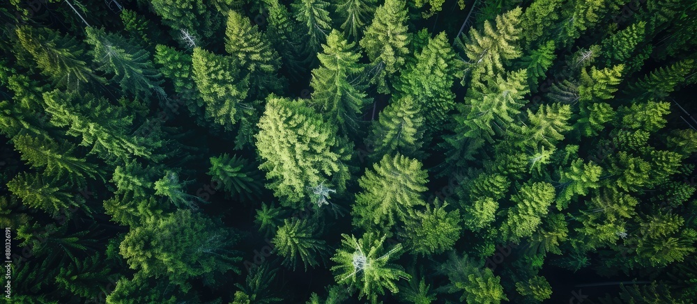 Aufkleber An aerial perspective of a wooded area featuring tall pine trees with a vast expanse of open sky, suitable for a copy space image.