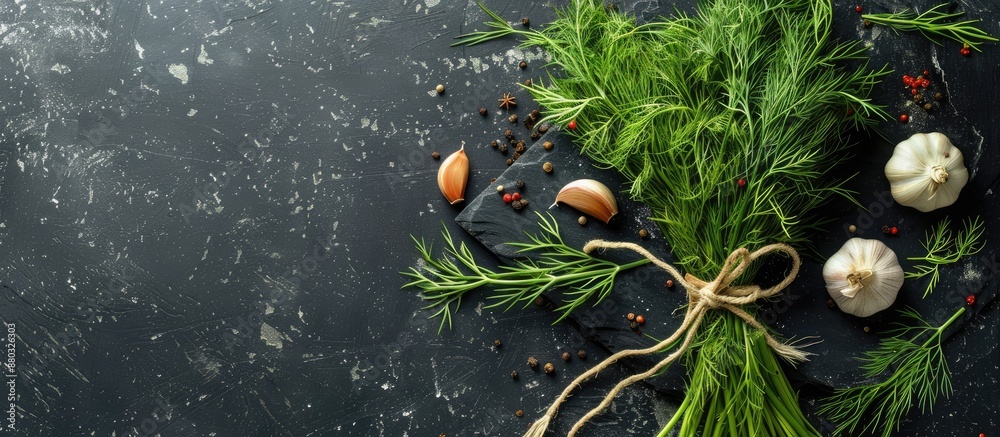 Poster top-down view of a bundle of fresh dill tied with a decorative rope and bow, surrounded by a blend o