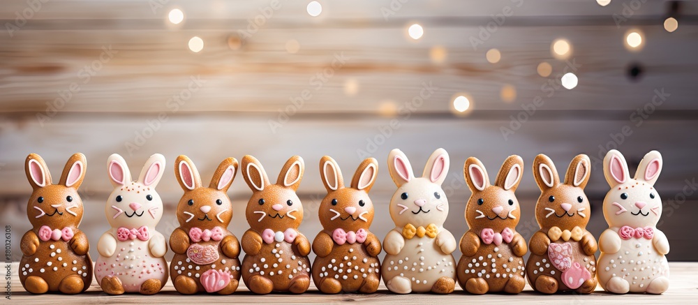 Aufkleber Gingerbread eggs and rabbits with sugar glaze displayed on a light wooden backdrop providing a charming copy space image.