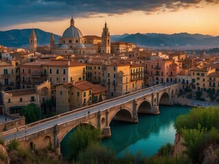 A beautiful cityscape with a river flowing through it. AI.