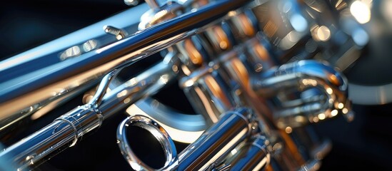 Close-up view of a shiny silver trumpet bell with copy space image.