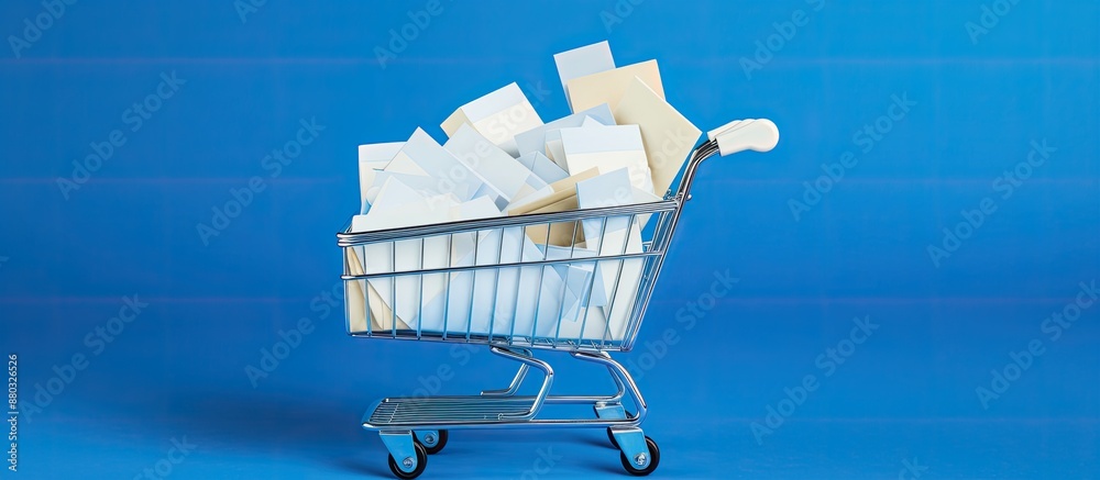 Poster white envelopes sit in a shopping cart against a blue backdrop, creating a copy space image.