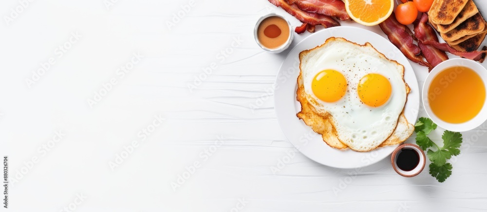 Aufkleber Top view of a complete American breakfast on a white background with copy space image. The meal includes sunny-side-up eggs, crispy bacon, hash browns, pancakes, toast, orange juice, and coffee.