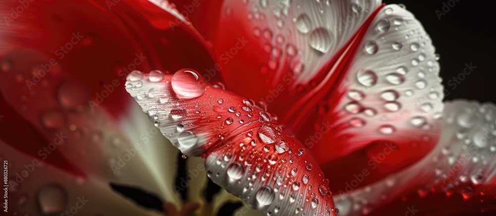 Poster macro photo of a red and white tulip with water droplets, ideal for postcards or templates with abun