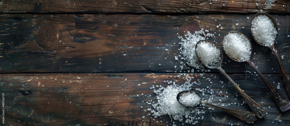 Poster Sea salt spoons on a rustic wooden table with ample copy space image.