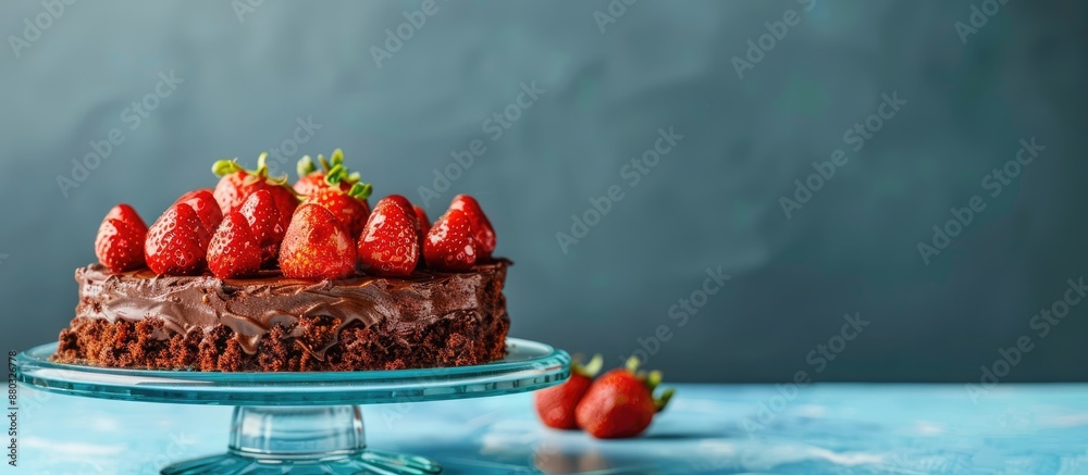 Aufkleber chocolate cake adorned with strawberries on glass plate, set against a blue backdrop with a blank ar