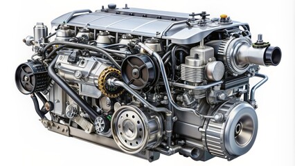 Fototapeta premium Highly detailed 3D model of an intricately designed automotive engine with precise mechanics isolated on a pure white background.