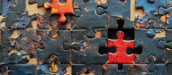 Image depicting an incomplete jigsaw puzzle with a missing piece for a concept of unfinished task, business, and a space for copy.