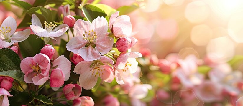 Blooming pink and white apple blossoms and buds with a beautiful scenery providing a copy space image.