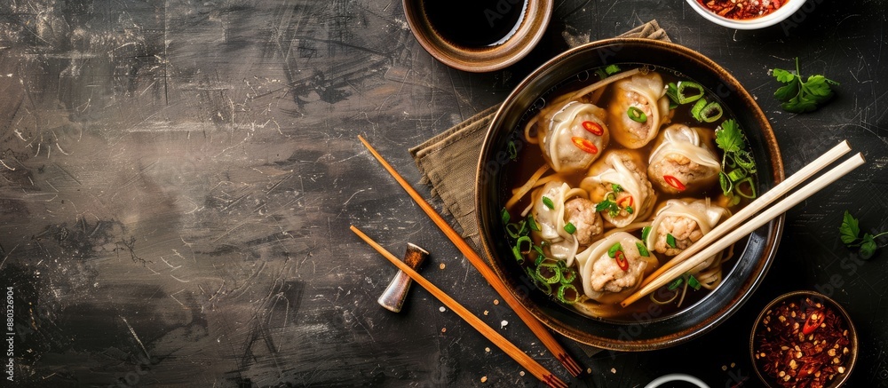 Aufkleber table with a soup bowl containing dumplings and meat, positioned for a copy space image.