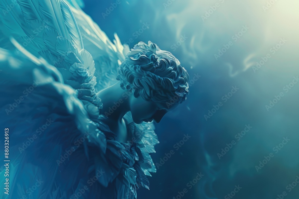 Poster a detailed image of a statue depicting an angel, perfect for use in religious or inspirational conte