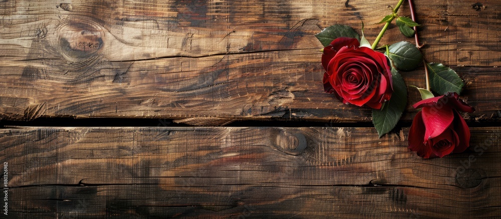 Poster Valentine's Day-themed background with a solitary red rose placed on a wooden surface, creating an aesthetically pleasing composition with ample copy space image.