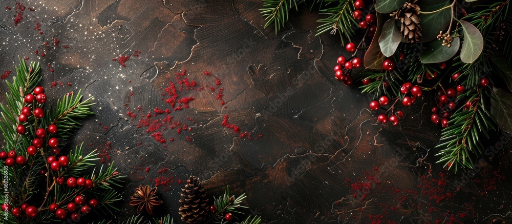 Aufkleber Holiday-themed arrangement on a dark abstract backdrop featuring a top-down view and ample space for text or images.