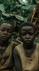 Naklejka premium Two young boys stare at the camera in a lush green jungle setting. AI.