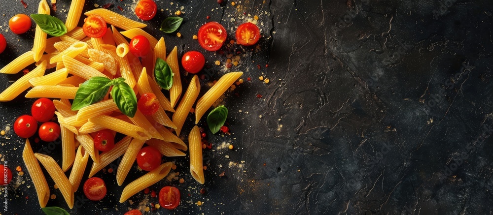 Poster A top-down shot of penne rigate pasta with cherry tomatoes and basil on a dark, textured background, featuring a designated area for text and allowing for customization with a copy space image.