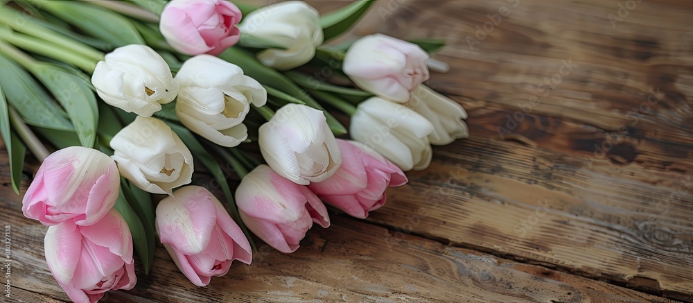 Aufkleber pink and white tulips displayed on a wooden background with copy space image available.