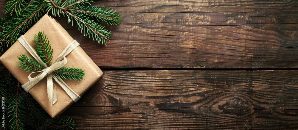 Aufkleber a simple christmas gift wrapped in rustic kraft paper with a ribbon and bow, complemented by conifer