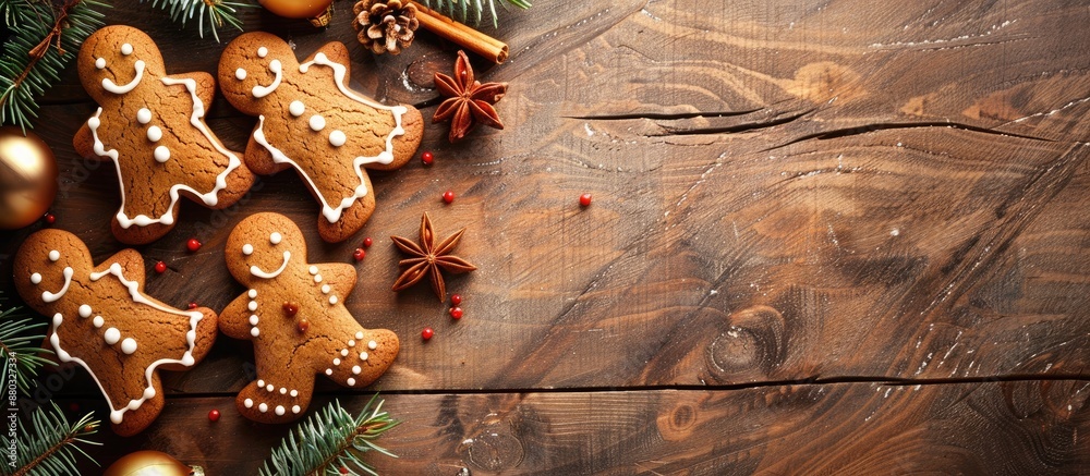 Poster christmas homemade gingerbread cookies displayed on a rustic wooden table with a clear space for a c