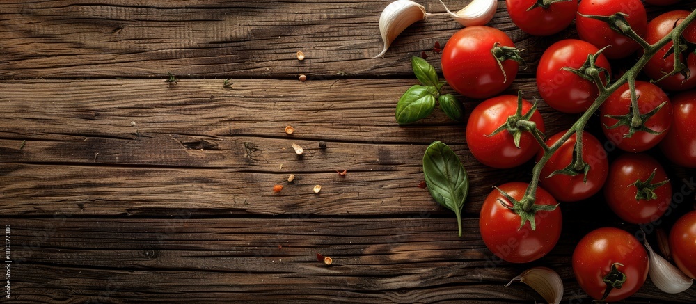 Poster fresh tomatoes and garlic arranged on a wooden surface, viewed from above with a copy space image av