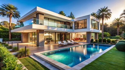Sleek, contemporary villa boasts expansive glass facade, infinity pool, and lush greenery, exuding opulence and sophistication in serene surroundings.
