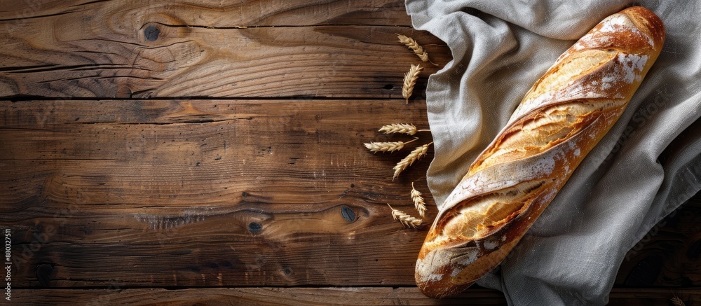 Poster bakery-fresh baguette on a wooden backdrop with copy space image.