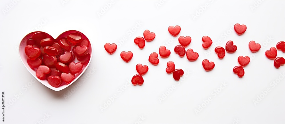 Poster valentine's day greeting card concept with a stylish heart-shaped candy featuring cupid on a white b
