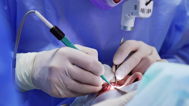 Unrecognized surgeon performs eyelid retraction correction surgery at thyroid eye disease. Doctor applies electric tool and metal forceps. Close up.