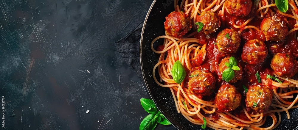 Poster Top view image of spaghetti with meatballs in tomato sauce on a frying pan against a dark table background with space for text.