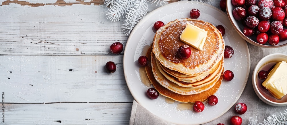 Poster a flat lay of cereal pancakes with cranberries and butter on a white wooden table, providing room fo