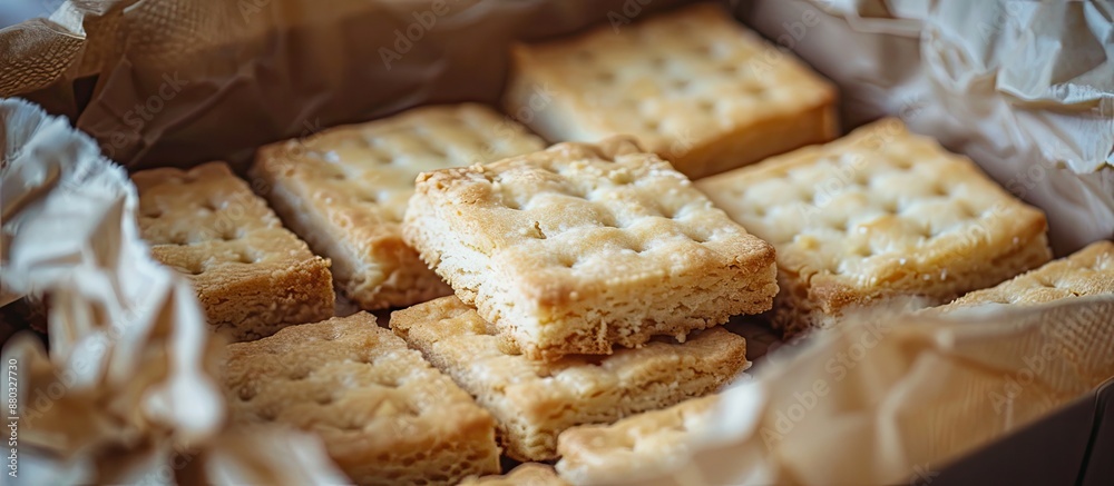 Poster close-up of shortbread cookies in a box, serving as a background for copy space image.