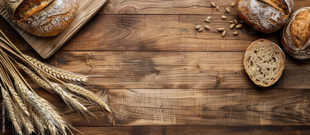 Poster wheat and bread are beautifully arranged on a vintage wooden surface with an open area to add text o