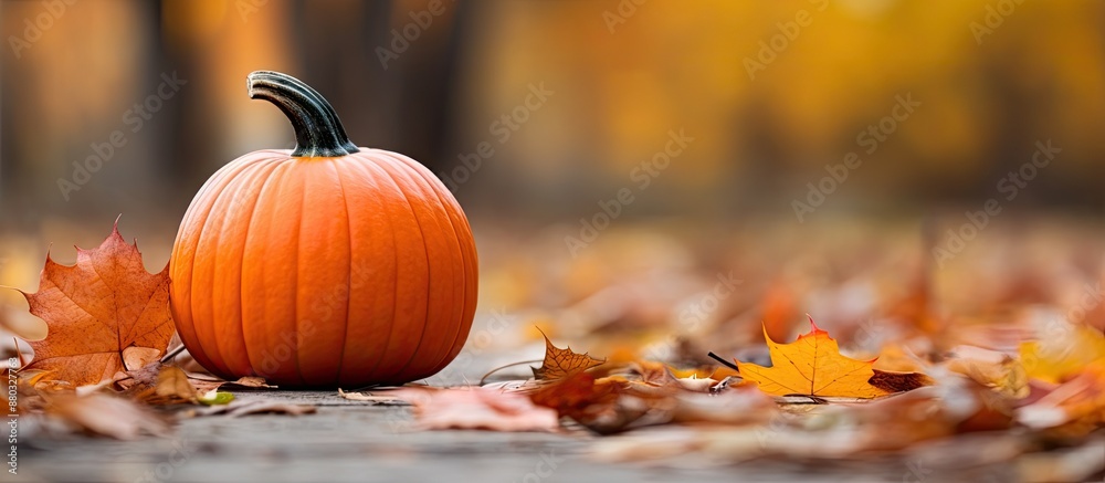 Poster a pumpkin rests on colorful autumn leaves with a blank space for an image.