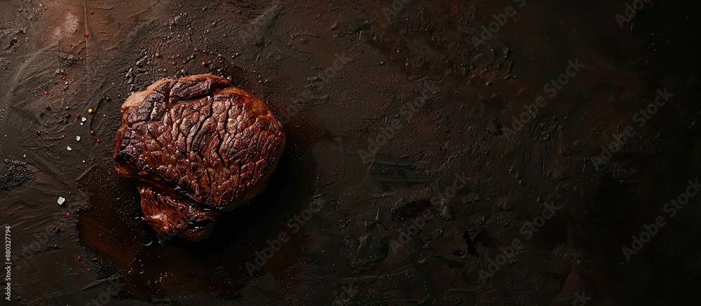Poster Top view of cooking a steak on a dark background with copy space image.