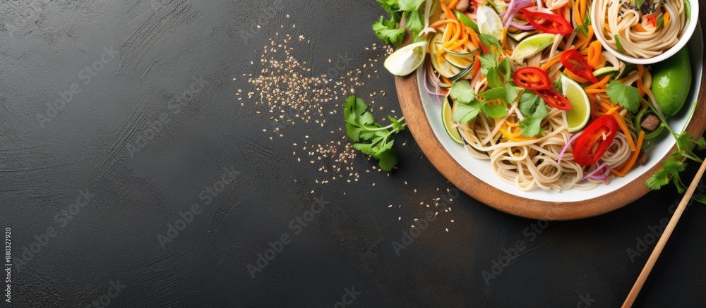 Poster top view of healthy asian noodles and vegetables ideal for vegan and vegetarian diets, displayed wit