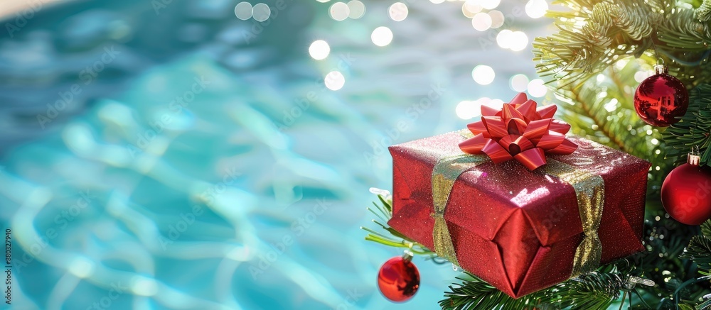Poster a gift box placed on a christmas tree near a pool, with an empty space in the image for personalized