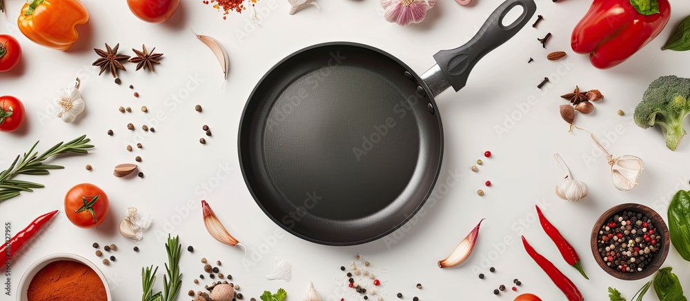 Poster a cooking mockup featuring a frying pan surrounded by an assortment of spices and vegetables on a wh