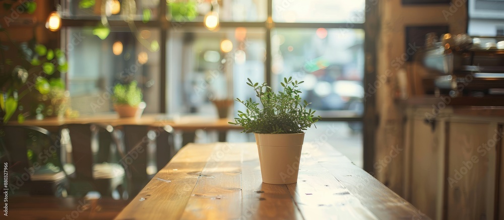 Aufkleber a petite plant pot sits near the window in a cozy cafe, with empty space for display--a copy space i