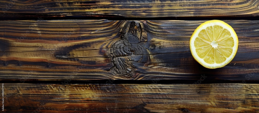 Poster dark wood table with copy space image showcasing a half lemon.