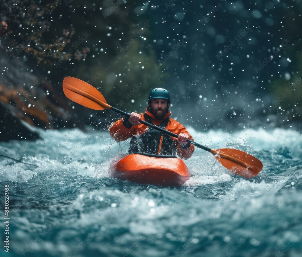 Poster A man paddles a kayak through a rough river. AI.