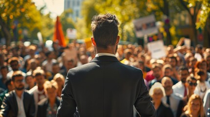 Man doing a speech outdoor in front of a crowd of members of a political party