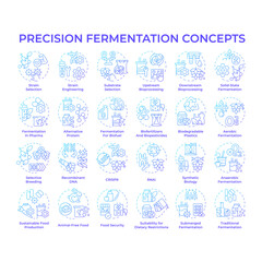 Precision fermentation blue gradient concept icons. Biotechnological process. Selective breeding. Genetic modification. Icon pack. Vector images. Round shape illustrations. Abstract idea