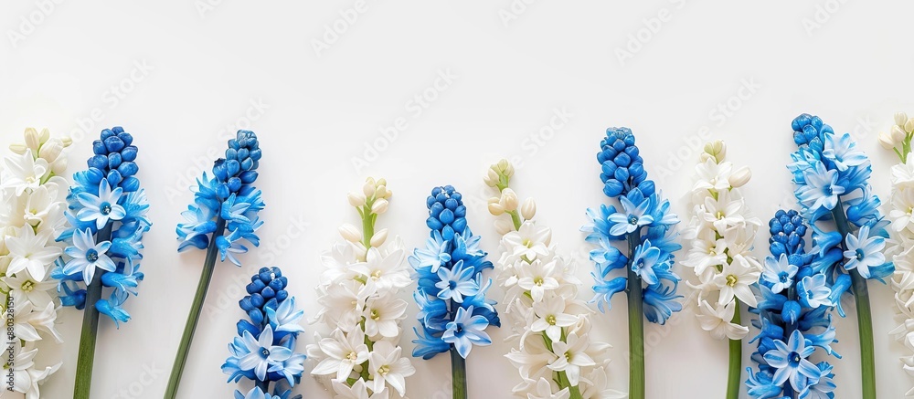 Poster top view of blue and white hyacinths on a white background, perfect for a spring or easter holiday c