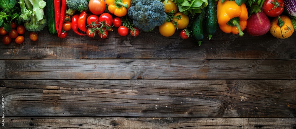 Aufkleber assorted raw vegetables displayed on a rustic wooden table with copy space image available.