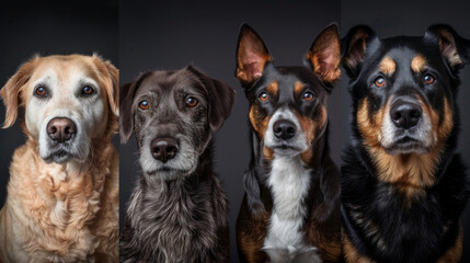 Four dogs of different colors are standing next to each other