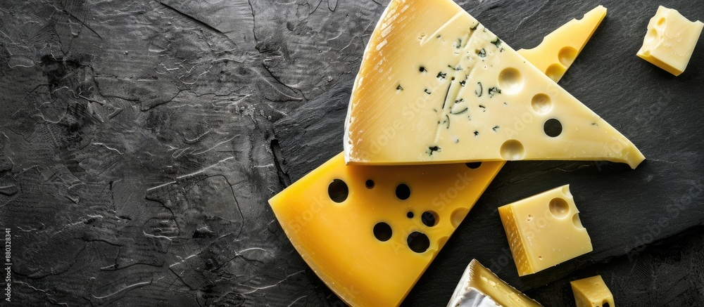 Poster cheese slices looking delicious against a dark backdrop with copy space image.