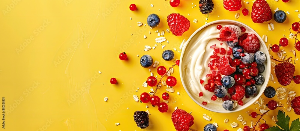 Poster russian food called syrniki portrayed with berries and sour cream on a yellow background, creating a