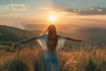 A young woman stands with open arms on a hill, enjoying the beautiful sunrise over a mountainous landscape in the style of summer time. The scene conveys a concept of freedom and lifestyle.